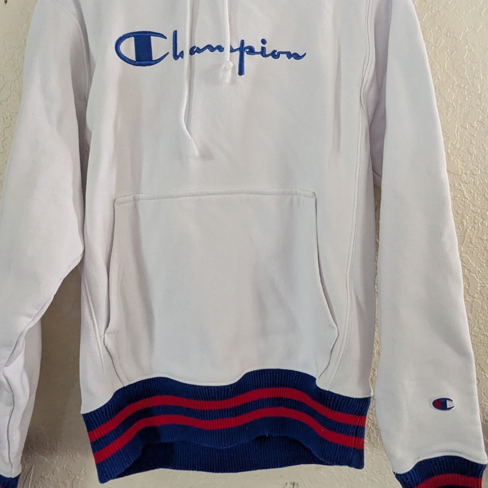 Champion White Hoodie with Blue and Red Accents